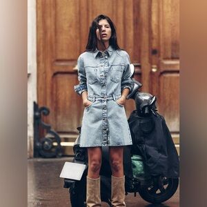 Zara Jeans Denim Long Sleeve Bruiser Stretch Frayed Mini Shirt Dress Sz M
